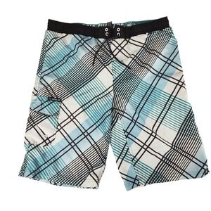 Epic Threads Board Short L 32 Men‎ Windowpane Plaid White Blue Surfer Skater 10"